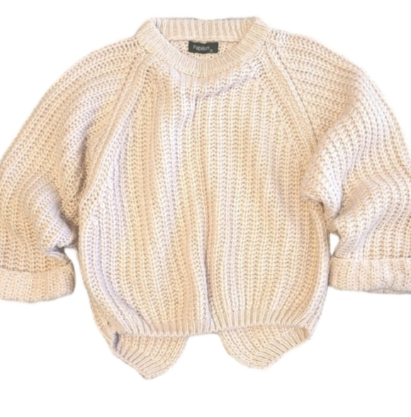 Papillon Blanc Sweaters - Papillion Cozycore Chunky Knit Sweater Balloon Sleeves Assymetrical Hem Pink